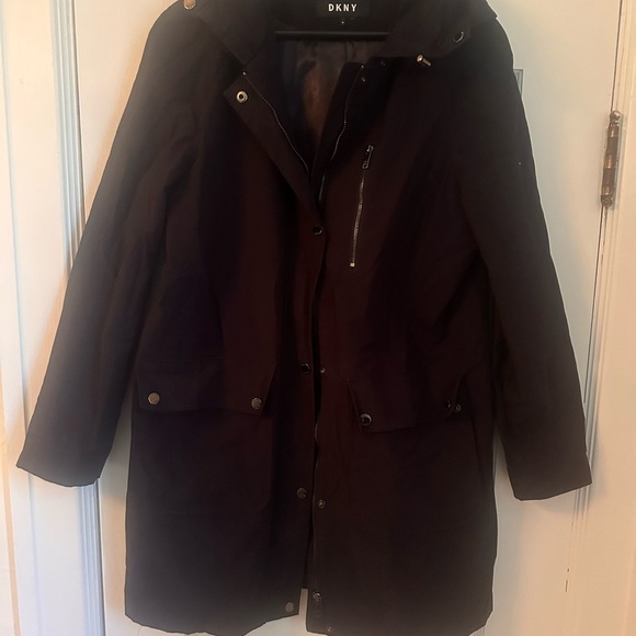 DKNY Hooded Water-Resistant Raincoat Women’s Medium Navy - Picture 4 of 7